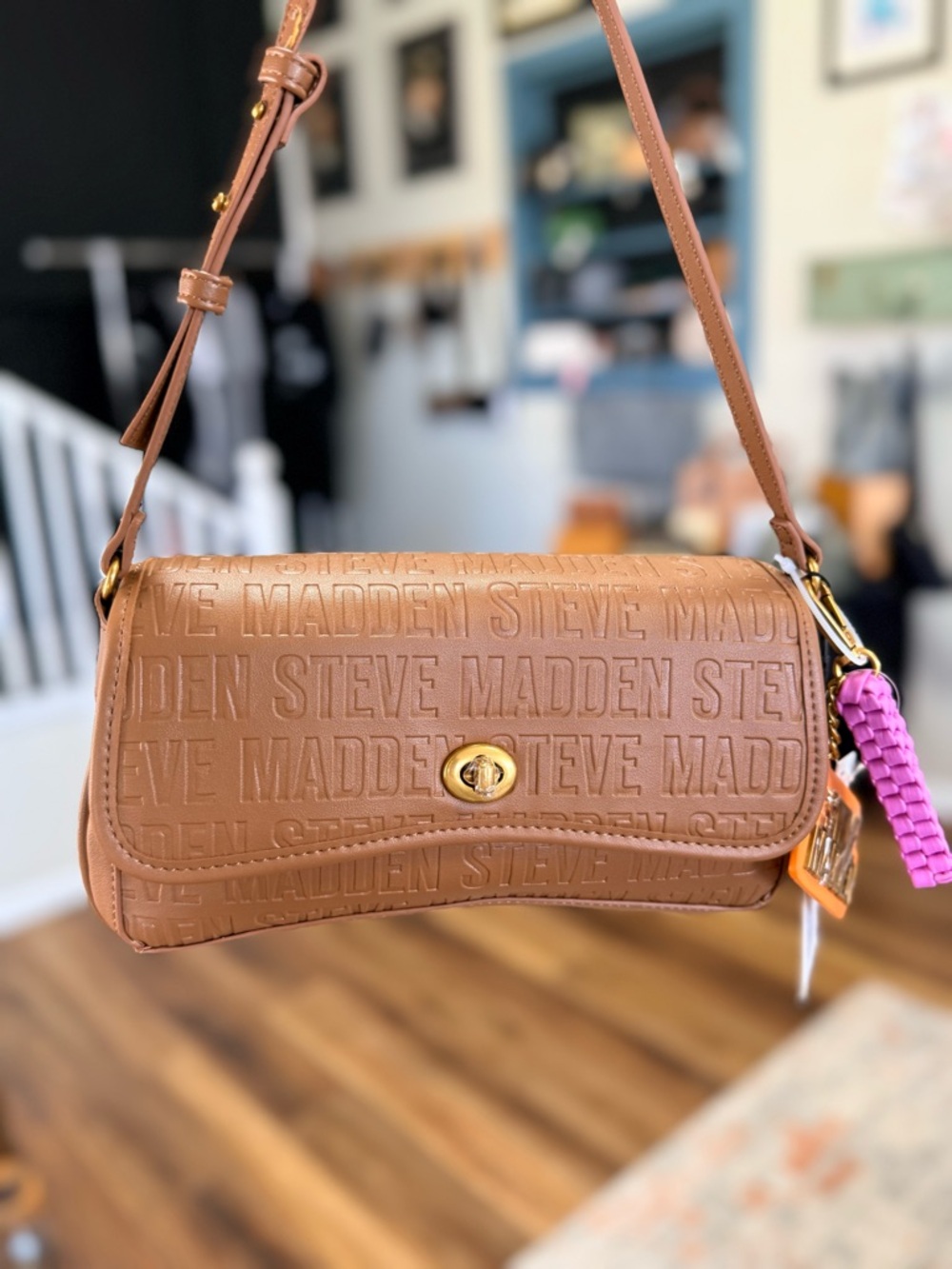 Steve Madden Tan Embossed Logo Crossbody with Gold Hardware